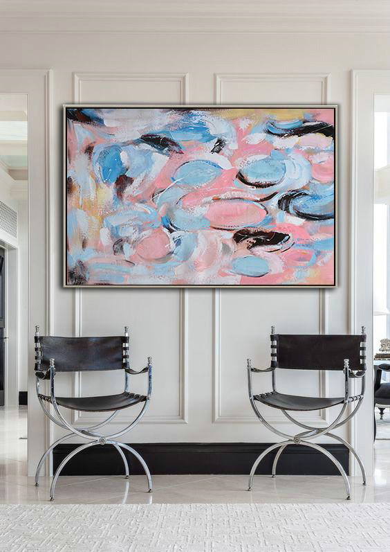 Extra Large Acrylic Painting On Canvas,Oversized Horizontal Contemporary Art,Living Room Wall Art,Blue,Pink,White,Black,Brown.etc
